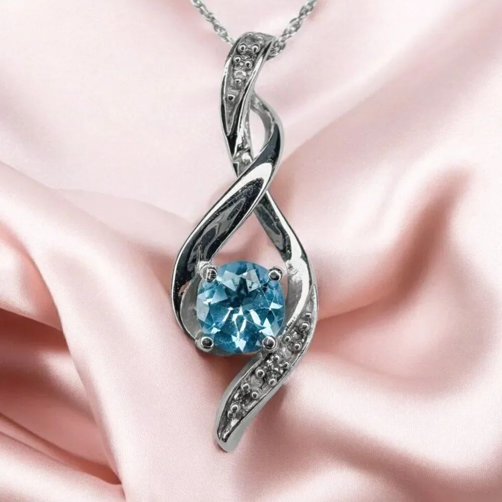 10K Gold- 1/2CT Blue Topaz Diamond Necklace -18"- White Gold - Round Cut -2g